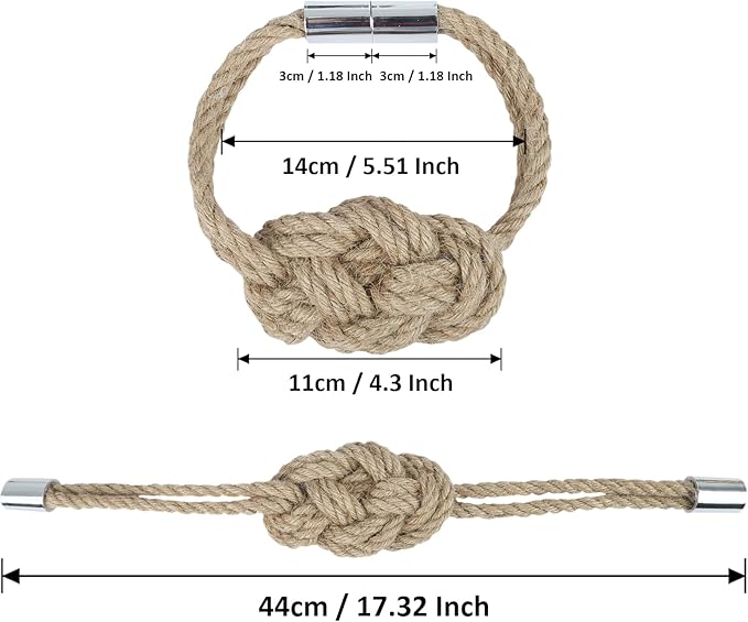 4 Pack Natural Jute Magnetic Curtain Tiebacks, Boho Rustic Style Decorative Curtain Ties Backs for Home & Office Drapery