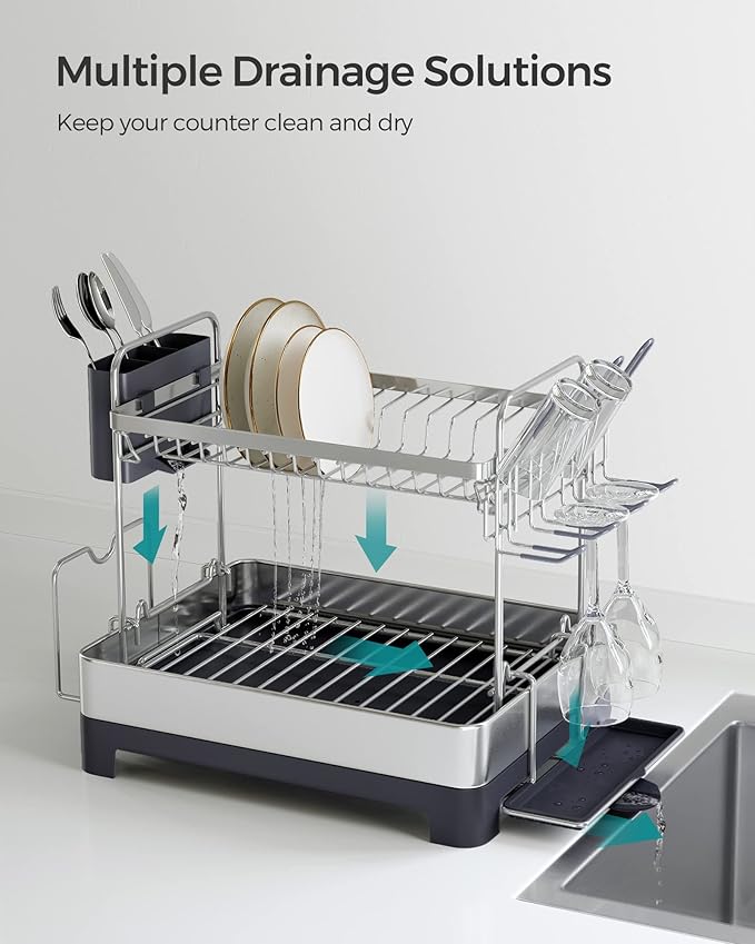 SONGMICS Dish Drying Rack - 2 Tier Dish Rack for Kitchen Counter with Rotatable and Extendable Drain Spout, Dish Drainer with Utensil, Cup, Glass, Cutting Board Holders, Silver and Gray UKCS032E01