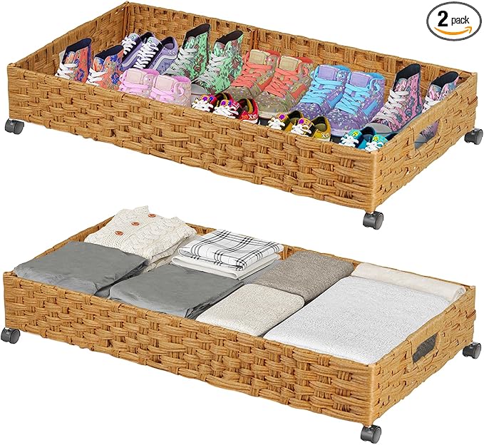 Under Bed Storage Containers with Wheels, 2 Pack 31.5in / 35L Handmade Rattan Underbed Organizer Drawer, Tool-free Assembly Rolling Under Bed Storage Bins for Shoes Clothes Toy Book