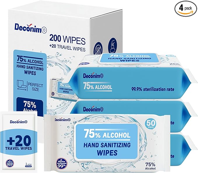 Advanced Large 75% Alcohol Hand Sanitizing Wipes, 4 Packs of 50 (200 Wipes) - Plus 20 Travel Packs - (Each Wipe Size 6" x 8")