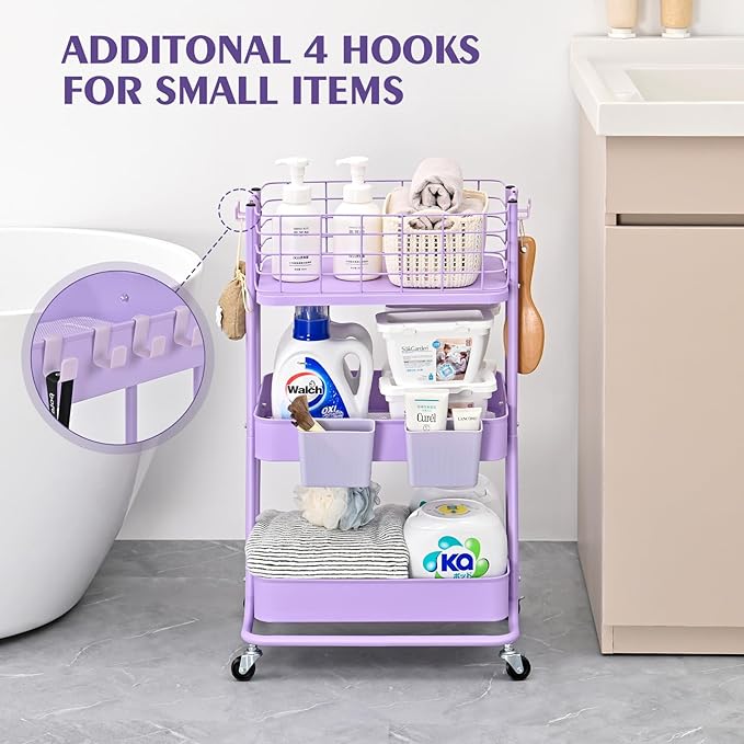 KINGRACK 3 Tier Rolling Cart, Metal Mobile Storage Shelf with Lockable Wheels, Prevent Falling Utility Trolley Cart, Storage Organizer for Kitchen, Office, Bathroom, Dorm, Purple