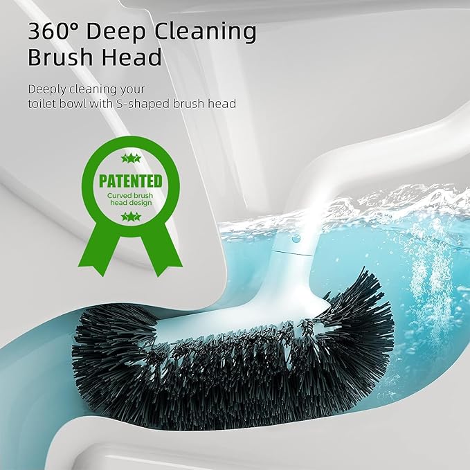 HAMITOR Toilet Bowl Brush Holder Set: Deep Cleaning Brushes with Curved Design - Ergonomic Long Handle for 360° Dead Corner Clean with Replacement Brush - Bathroom Accessories for RV Apartment