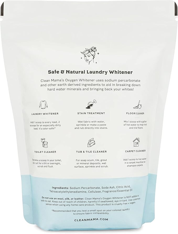 Clean Mama Natural Oxygen Whitener and Stain Remover - Color-Safe Natural Bleach Alternative - Plant-Derived Oxygen Powder, Whitens & Brightens Whites and Colors - Lemon, 2.53 lbs