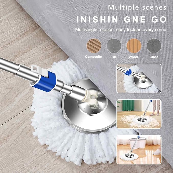 Replacement Handle for Swivel mop, 360° Swivel Adjustment, Reinforced Locking Telescopic Pole + 3 Reusable Microfiber mop Refills + 1 Stainless Steel Tray, Multi-Scenario mop Handle (Blue)