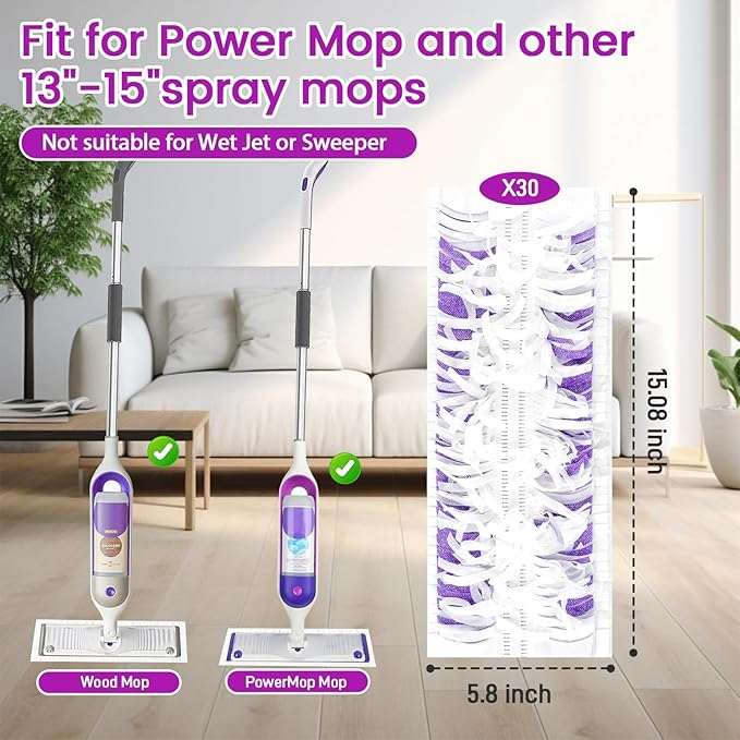 30-Pack Disposable Microfiber Power Mop Pad Refills Compatible with Swiffer Power Mop Refills,Replacement Pads for Swiffer Wet Pads Refill,Non-Washable & Unscented