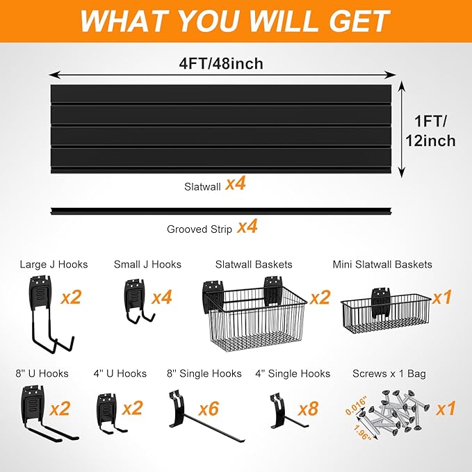 DoCred Slatwall Paneling Organizer, 4x4 FT PVC Garage Slat Wall Storage Systems, Heavy Duty Mounted Slat Peg Board for Tool Organization Ladder Bike Includes 27 PCS Hooks Accessories Kit (Black)