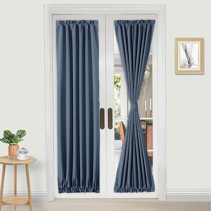 DWCN French Door Curtains – Rod Pocket Thermal Blackout Curtain for Doors with Glass Window, Kitchen and Patio Doors for Privacy, 25 X 72 Inches Long, 1 Curtain Panel with Tieback,Dusty Blue