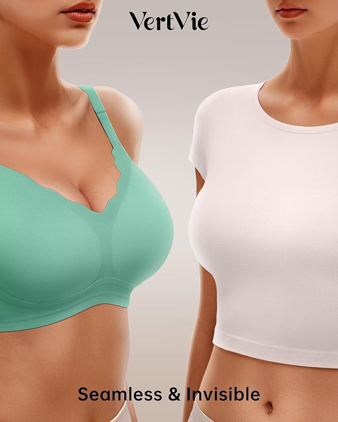 Vertvie Womens Seamless Bras No Underwire Supportive Wireless Push Up Full Coverage Bralette Comfort Scalloped T-Shirt Bra