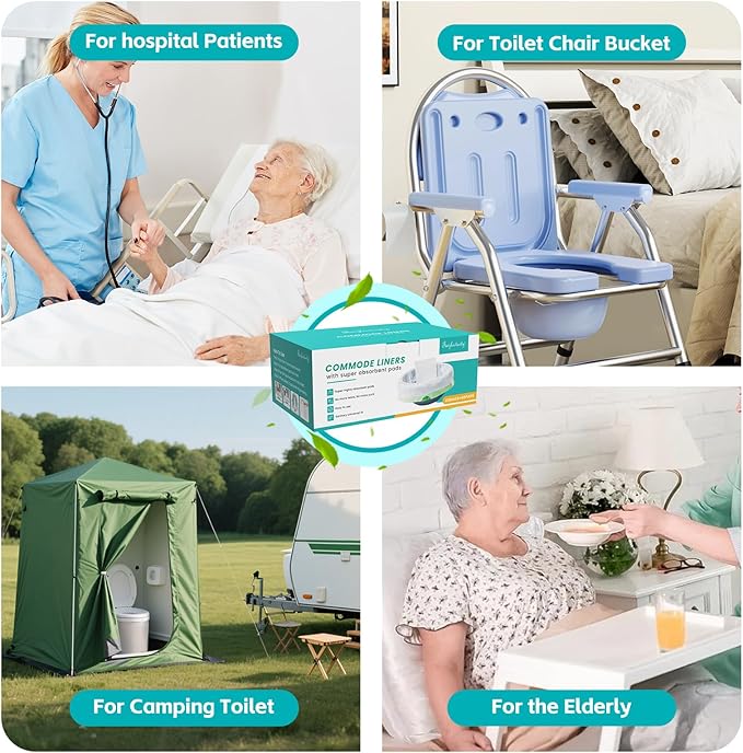 60 Pack Commode Liners with Super Absorbent Pads, Disposable Leakproof Bedside Commode Bags, Universal Fit for Standard Toilet Chair Buckets(60 Bags+60 Pads) (60PACK)