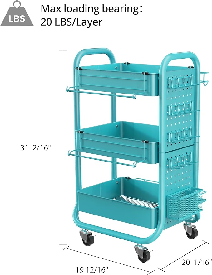 DESIGNA 3-Tier Utility Storage Rolling Cart with Removable Pegboard & Extra Storage Baskets Hooks, Metal Craft Art Carts for Gift Home Office, Teal