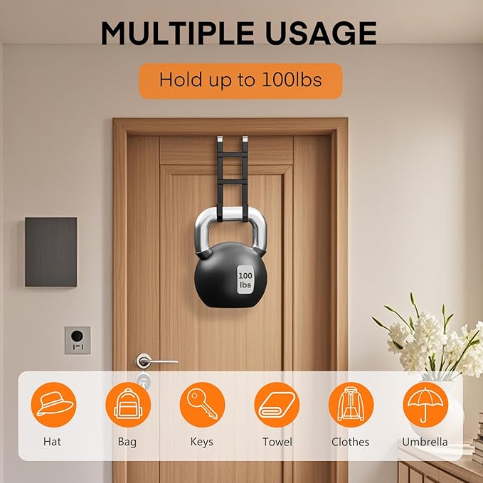 FYY Over The Door Hooks - 4 Pack Heavy Duty Dual-Hook Organizer Hanger with Non-Slip Rubber for Towels, Clothes, Hats & Bags Use in Bathroom, Bedroom, Kitchen - Fits Interior Doors Up to 1.6" Black