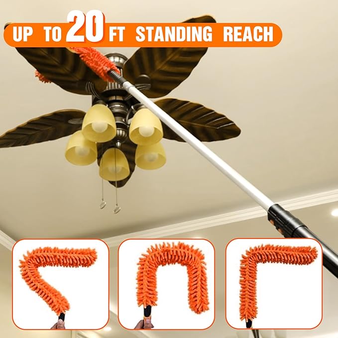 20FT High Reach Duster Cleaning Kit with Extension Pole, High Ceiling Fan Cleaner Duster Tool for Fan Blades, Window Washing Kit with Microfiber Feather Duster & Window Squeegee