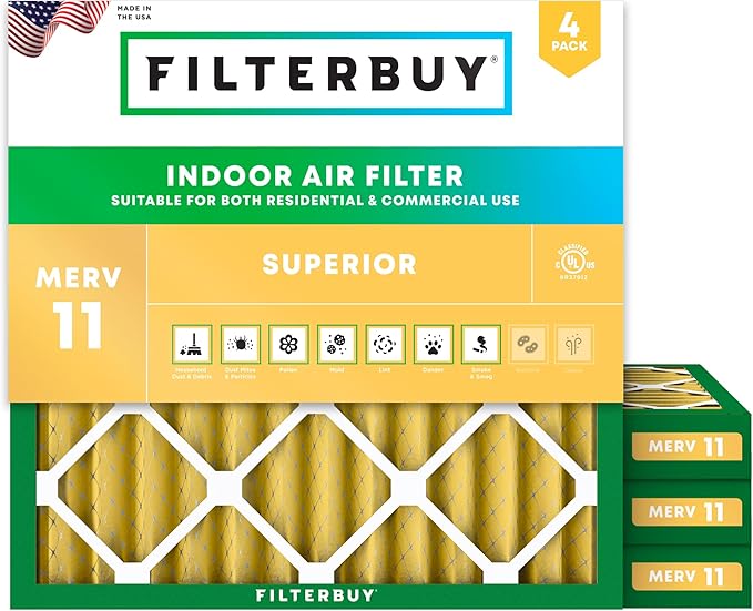 Filterbuy 18x18x2 Air Filter MERV 11 (MPR 1200) Allergen Defense Replacement (4-Pack), Electrostatic Pleated HVAC AC Furnace Filters, Made in USA (Actual Size: 17.75 x 17.75 x 1.75)