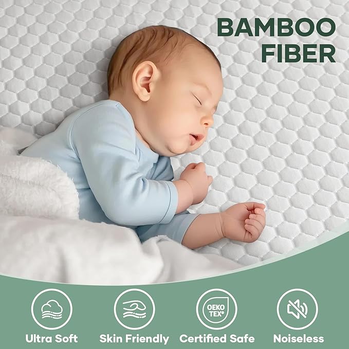OhGeni 100% Waterproof Mattress Protector, Mini Crib Size Mattress Pad, Fits 3"-5" Mattresses with Deep Pocket, Cooling, Breathable Fitted Sheets, Soft Bed Cover, Noiseless, Machine Washable