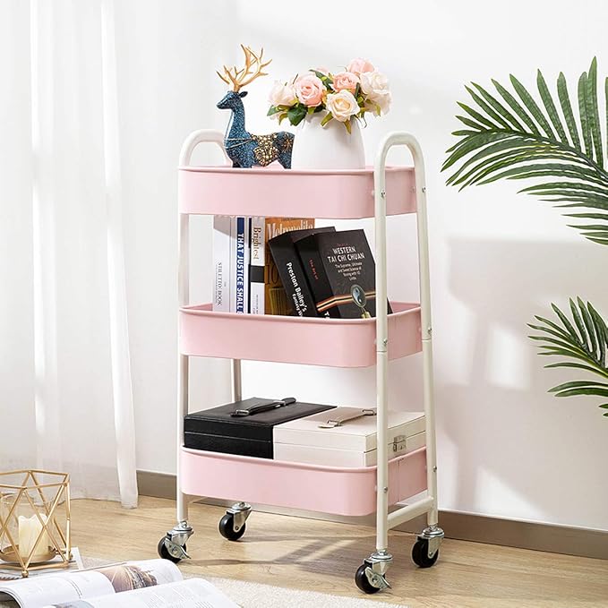 AGTEK Makeup Cart, Movable Rolling Organizer Cart, 3 Tier Metal Utility Cart, White - Pink