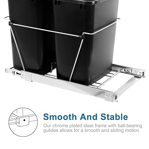 SUPER DEAL Double 35-Quart Pull Out Trash Can Under Cabinets Under Sink Garbage Sliding Waste Bin Container Recycling Bins with Chrome Wire Bottom Mount 44 lbs Load Capacity, Black