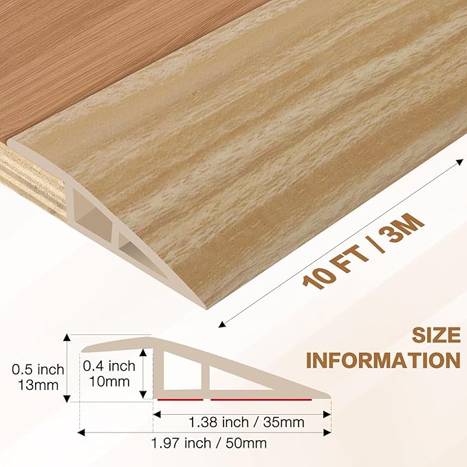 Floor Transition Strip Vinyl Door Threshold Ramp Self Adhesive Carpet Edging Strip Doorway Edge Trim, Overlap Edge Reducer for Laminate Carpet, Floor, Tile (Light Yellow Grain, 1/5" to 2/5", 10Ft)