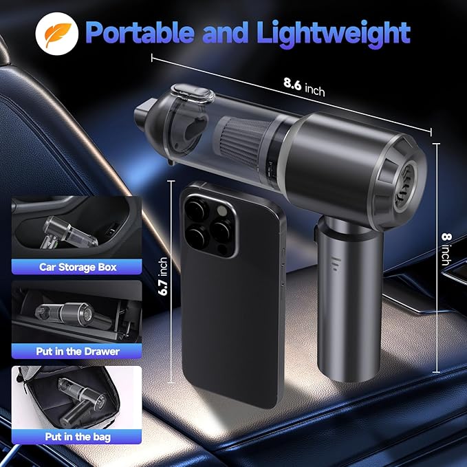 Car Vacuum Portable Cordless, Small Handheld Vacuum Cleaner with 24000PA High Power Suction, Mini Vacuum Cordless Rechargeable with One-Touch Empty, 10-in-1 Hand Vac for Car Home Office Dust