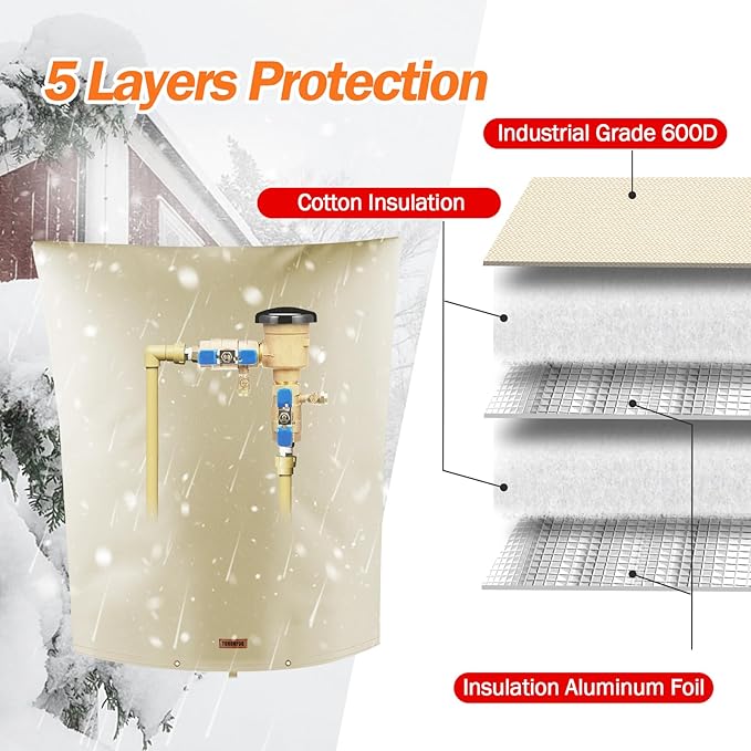 Backflow Preventer Pipe Insulation Cover (5°F) - Irrigation Sprinkler Valve Insulated Pouch - Water Well Pump Cover - Sturdy 5 Layers for Winter Freeze Protection, 24" W x 36" H, Beige