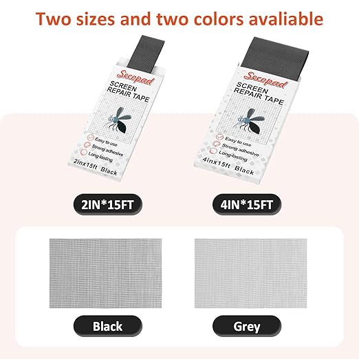 Black Screen Repair Tape, 2" X 180" (15FT) Window Screen Door Repair Kit, Strong Adhesive Fiberglass Patch Tape Mesh