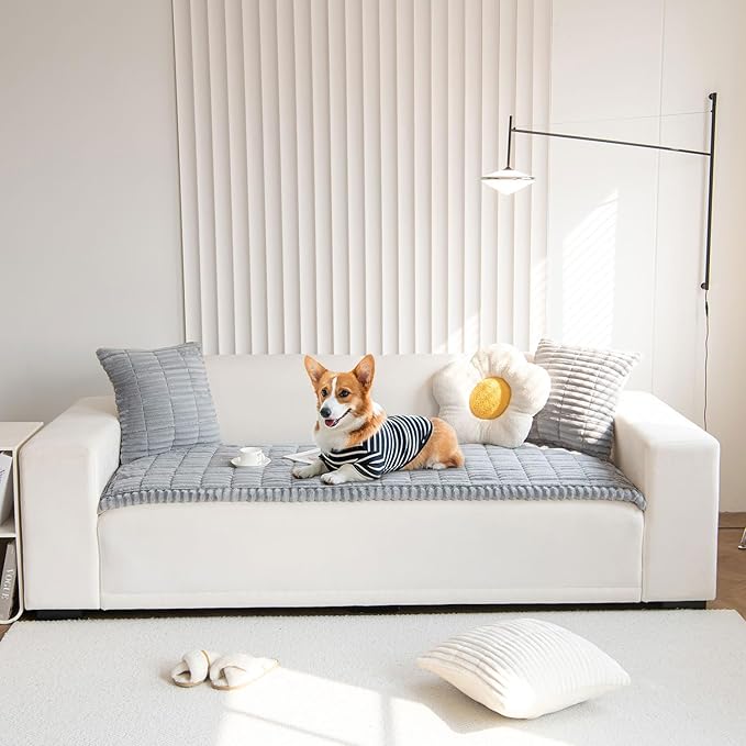 OTOB Couch Cover for Dogs Washable, Non Slip Plush Fuzzy Sofa Covers for 3 Cushion Couch Pet Friendly, Soft All Seasons Sofa Slipcover Cozy Furniture Protector (Gray, 31.5" x 82.7")