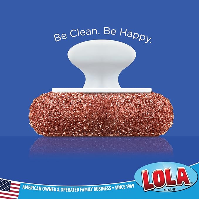 LOLA Copper Mesh Scouring Pad w/Comfort Knob, 6 Pack, Heavy Duty Cleaning Pads, Knitted Wire Mesh, Cleans Caked-On & Baked-On Messes