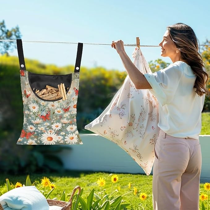 Daisy Clothespin Bag Butterfly Laundry Hanging Storage Organizer Clothes Pin Hanging Bags with Rope Clothespin Holder with an Space-Saving Opening for Clothesline Outdoor