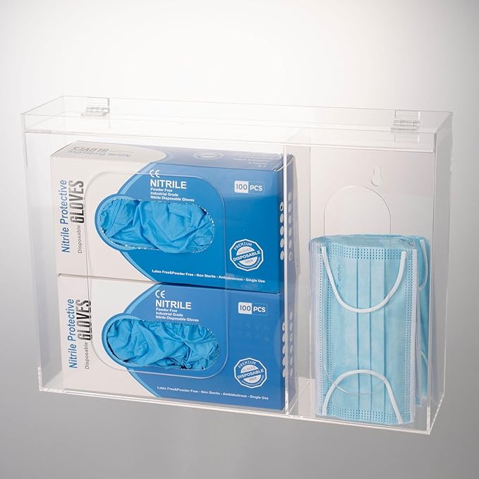 SEANADO Acrylic Disposable Glove Holder for Wall Mount or Tabletop , Clear Glove Box Organizer Rack Dispenser with Lid for Tissues, Beard Cover, Face Masks, Bags,Hairnet and Shoe Covers