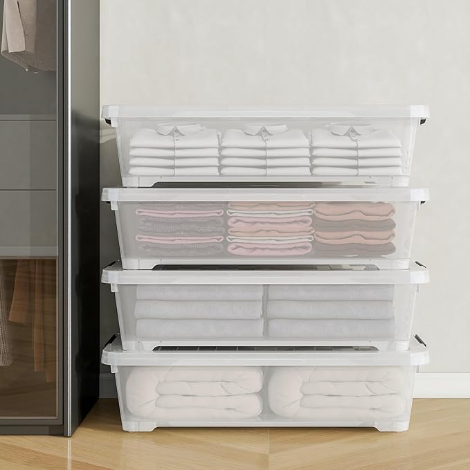4Pack 40 Qt Plastic Under Bed Storage Organizer Bin Container with Secure Lids and Durable Wheels, Clear