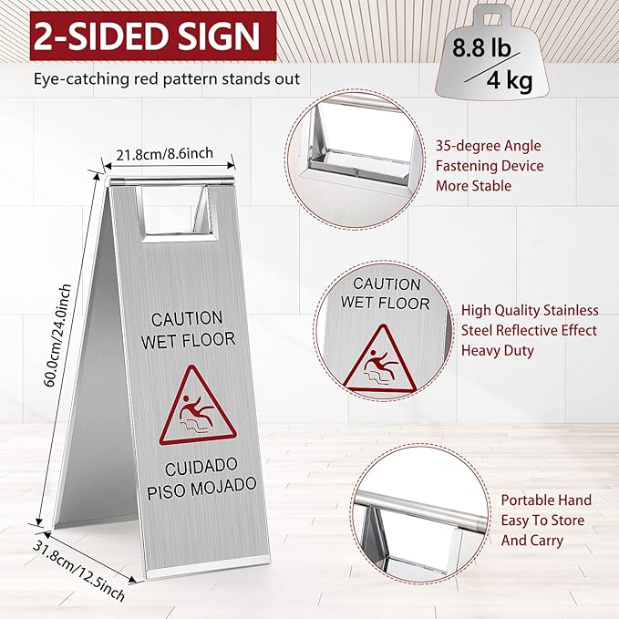 LEIFIDE 4 Pcs Stainless Steel Wet Floor Caution Sign Bulk 8.8 Pound Portable Foldable Handle Bilingual Safety Sign for Kitchen Restaurant Shop Commercial Use Avoid Fall and Slip Accident (Silver)