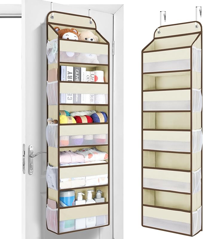 Yecaye Over The Door Organizer Storage, 5-Tier Heavy Duty Door Organizers Hanging with 10 Side Mesh Pockets, 44 lbs Load Capacity Behind Door Storage for Bathroom Nursery Bedroom Dorm Closet, Beige