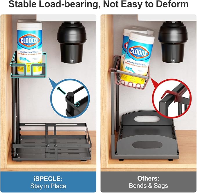 iSPECLE Under Sink Organizer - 2 Pack Under Kitchen Sink Pull Out Organizer Expandable Width Add Storage Space, Adjustable Height Easy Get Items, Under Sink Storage No Drilling Slide Smoothly