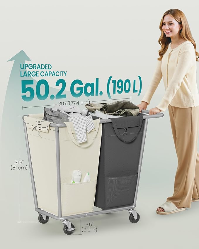 SONGMICS Laundry Basket with Wheels, 50.2 Gallons (190 L), 2-Section Rolling Laundry Hamper with Removable Bags, Heavy-Duty Steel Frame with Handle, Cream White and Dark Gray URLS009X01