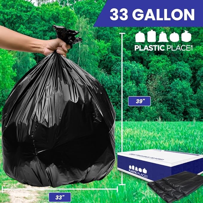 Plasticplace Contractor Trash Bags 33 Gallon - 3.0 Mil, Heavy Duty Garbage Bag 33” x 39”, Black, 50 Count