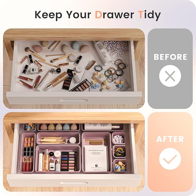 A-LuGei 【28PCS】 Drawer Organizer, Bathroom Organizers and Storage, Makeup organizer, Desk drawer organizer, Storage Bins for Kitchen Office Bedroom Vanity Jewelry Pantry Garage【Purple】【4Size】