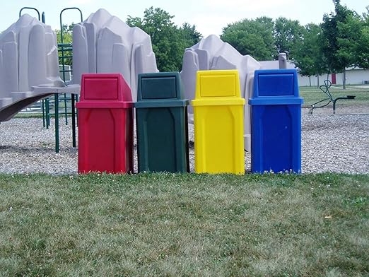 32 Gallon Square 100% Recycled Plastic Heavy Duty Outdoor Trash Can with Push Lid - Great for Schools and Businesses - Yellow