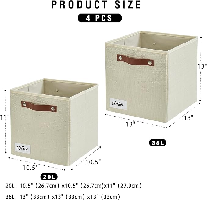 Collapsible Fabric Storage Cube Bins with 2 Reinforced PU Handles, Foldable Storage Organizer Baskets for Closet, Shelves, Living Room | 11"x11"x11", 4 Pack, Full Beige