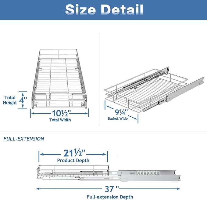 Pull Out Cabinet Organizer 10½" W x 21½" D, Heavy Duty Cabinet Pull Out Shelves, Slide Out Drawers Organization for Kitchen Cabinets Bathroom