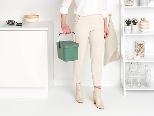 Brabantia Sort & Go Food Trash Can (1.6 Gal/Fir Green) Small Countertop Kitchen Compost Caddy with Handle & Removable Lid, Easy Clean, Fixtures Included for Wall/Cupboard Mounting