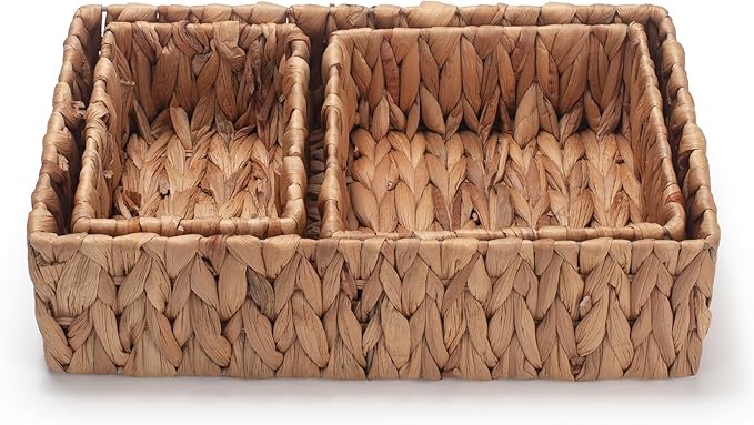 Water Hyacinth Rectangular Storage Basket for Organizing Natural Wicker Baskets for Shelves Pantry Bathroom Set of 3