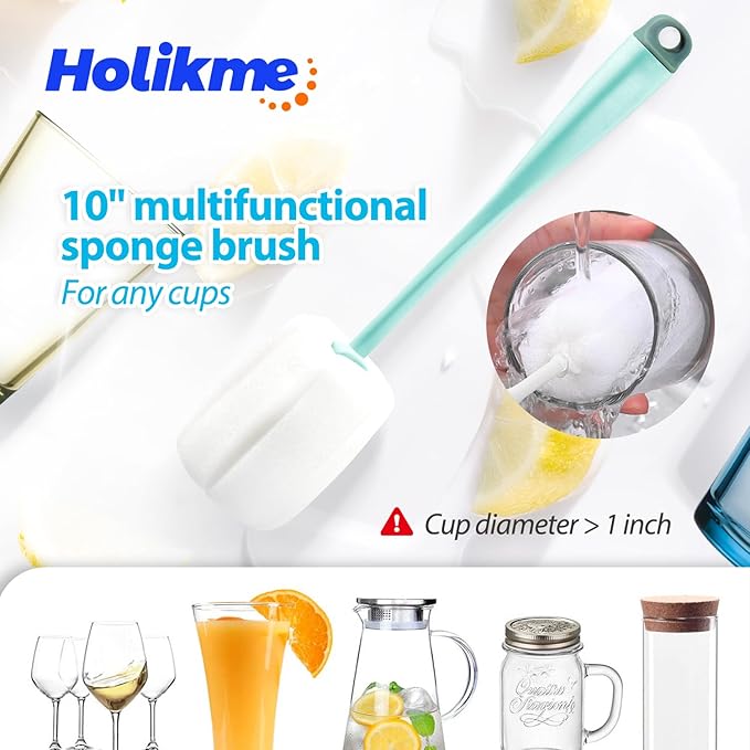 Holikme Bottle Brush Tube Cleaning Lab Set with Long Handle, Cup Cleaner for Washing Narrow Neck Beer Wine Decanter Pipes Lids Sinks Cap Covers, Green