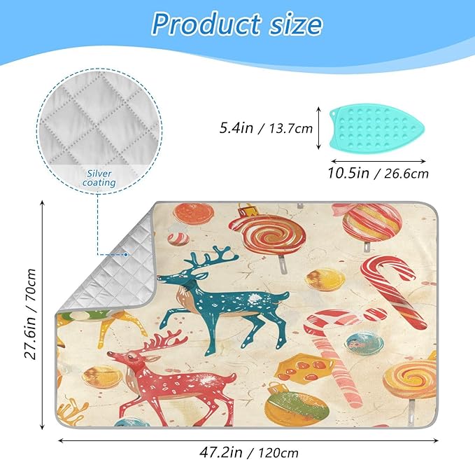 Red Deer Christmas Sweet Ironing Mat Thickened Ironing Blanket Travel Portable Double-Side Using Ironing Pad Travel Isolate Heat Pad Cover for Washer Dryer Table Top Countertop 27.6x47.2in