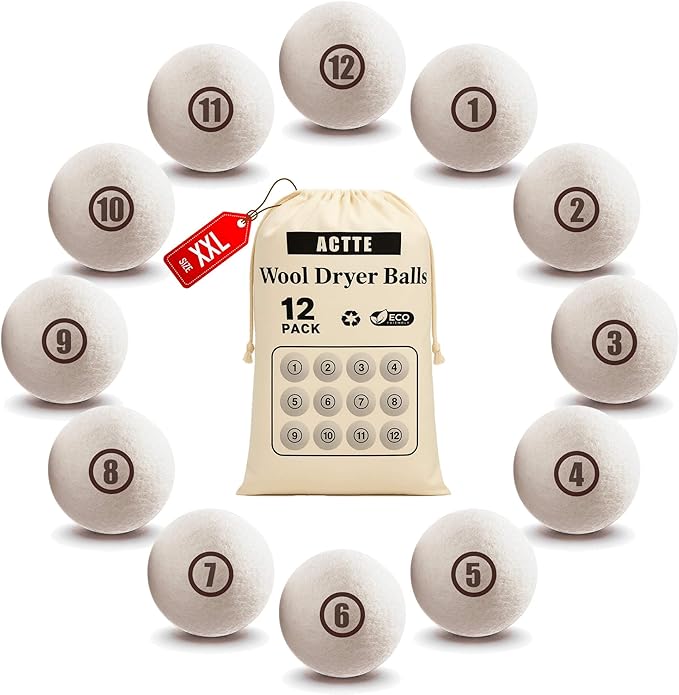 Sheep Wool Dryer Balls 12 Pack XXL(3.1") Premium Natural Fabric Softener, Reusable Laundry Dryer Balls for Reducing Drying Time, Static and Wrinkles, Eco-Friendly – 100% New Zealand Wool