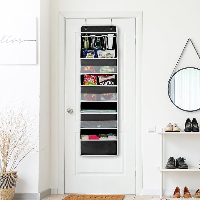Univivi 5-Shelf Fabric Door Storage Over Door Hanging Organizer with 4 Large Pockets and 3 Small PVC Pockets Nursery Closet Cabinet Wall Mount Hanging Storage Organizers for Baby Nursery (Black)