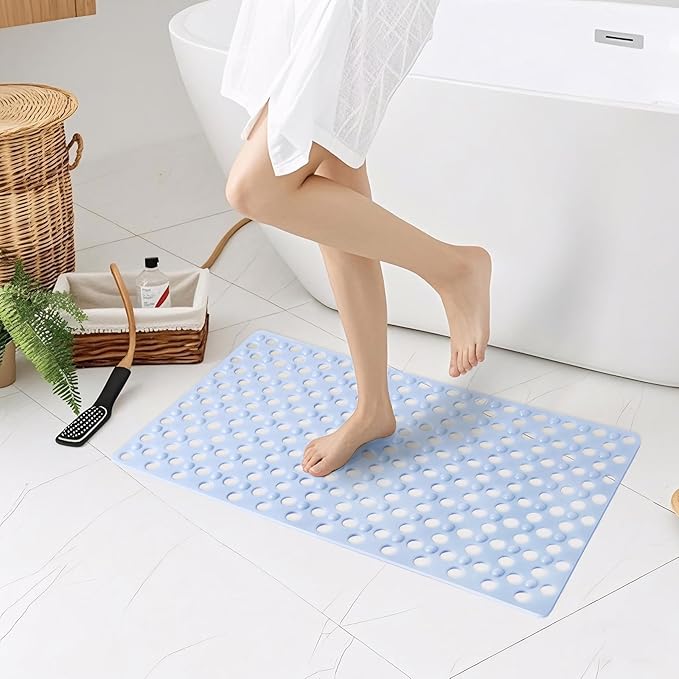 Non Slip Bathtub Mat and Shower Mat 31x17 inch,Bath Mat with Quick Dry Drain Holes and Suction Cups, Soft Comfortable Safe Bathroom Mat for Bath Tub, Floor, Tile (Light Blue)