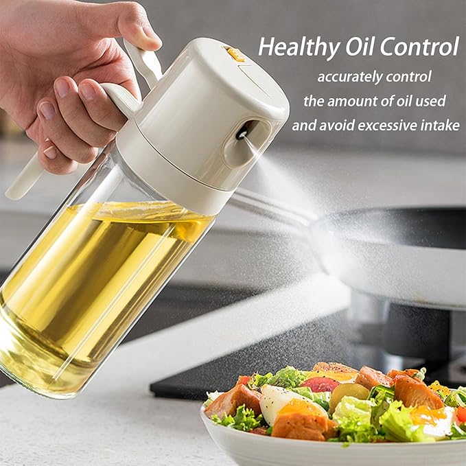 2 in 1 Glass Oil Sprayer and Dispenser for Kitchen, 550ml Olive Oil Bottle, Leakproof Food-Grade Oil Mister & Pourer for Air Fryer, BBQ, Salad, Baking