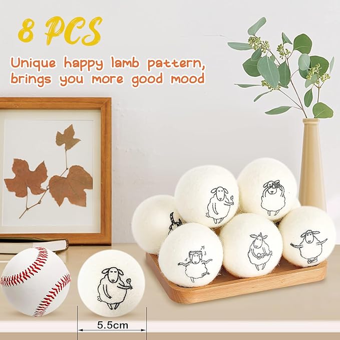 Wool Dryer Balls, 8PCS Dryer Balls with Happy Sheep - Natural & Organic, 100% New Zealand Wool Handmade, Chemical-Free Reusable Laundry Balls, Anti-Static Reduce Wrinkles and Save Time