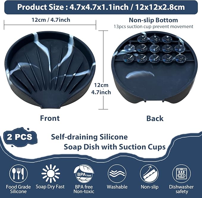 Self Draining Soap Dish, Silicone Suction Cup Soap Holder Tray Savers Container Sponge Holder for Bar Bathroom Shower Kitchen Sink, Can Extend Soap Life (1, Marble)