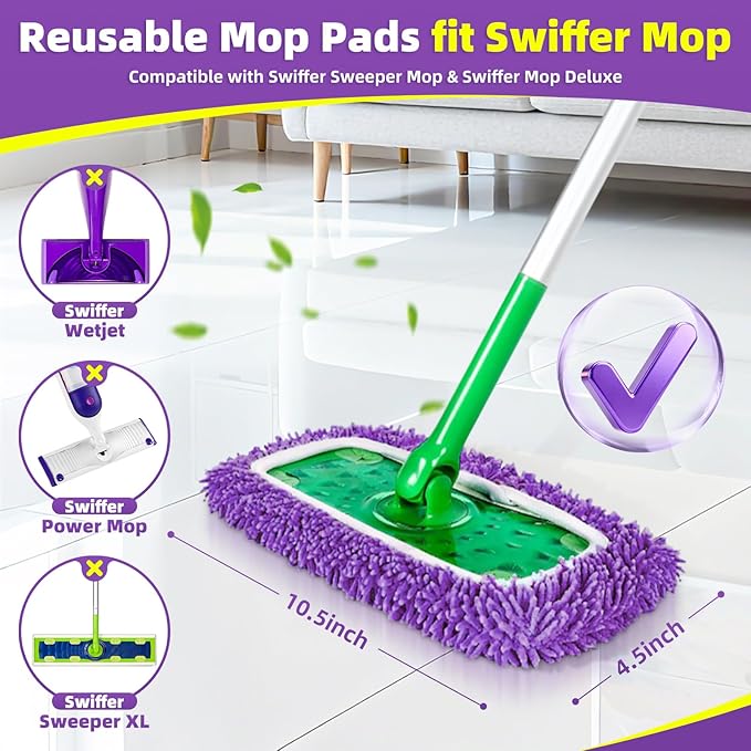 Reusable Mop Pads Compatible with Swiffer Sweeper Mop - Microfiber Dry Sweeping Cloths & Washable Wet Pads Refill Chenille Wet Mopping Cloths for Use on All Sealed Floors Cleaning(Mop is not Included)