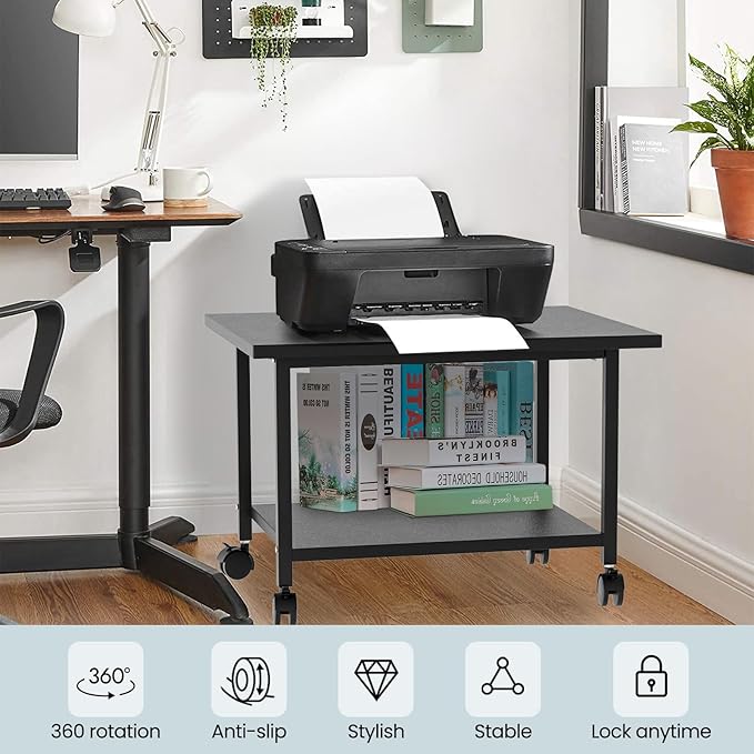 Printer Stand with Storage Under Desk Shelf, Desktop Printer Stand Organizer, Rolling Printer Cart Storage Paper Files Holder for Desk, Office, Home, (Black)